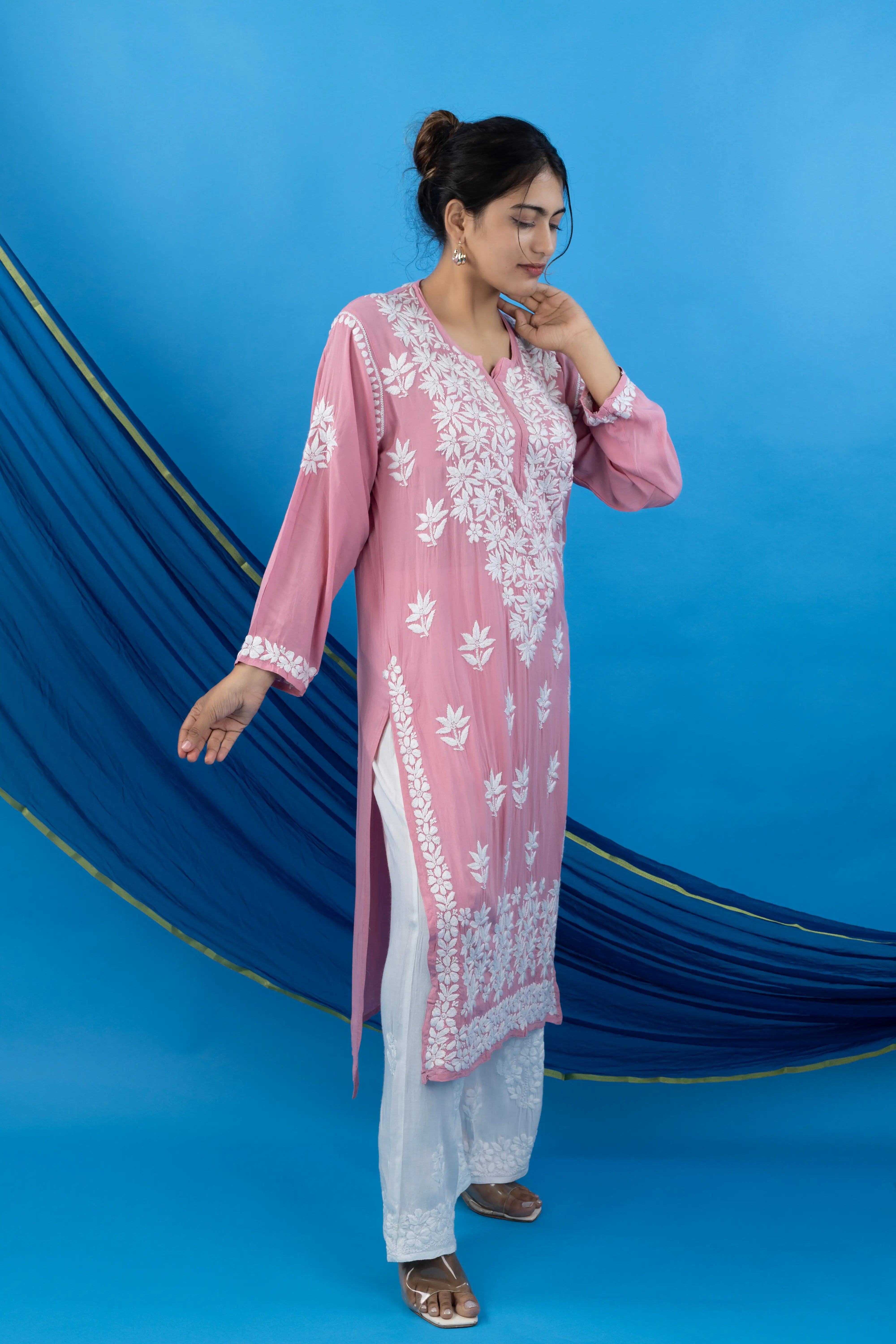 Blush Pink Modal Kurta with Delicate Handwork Chikankari