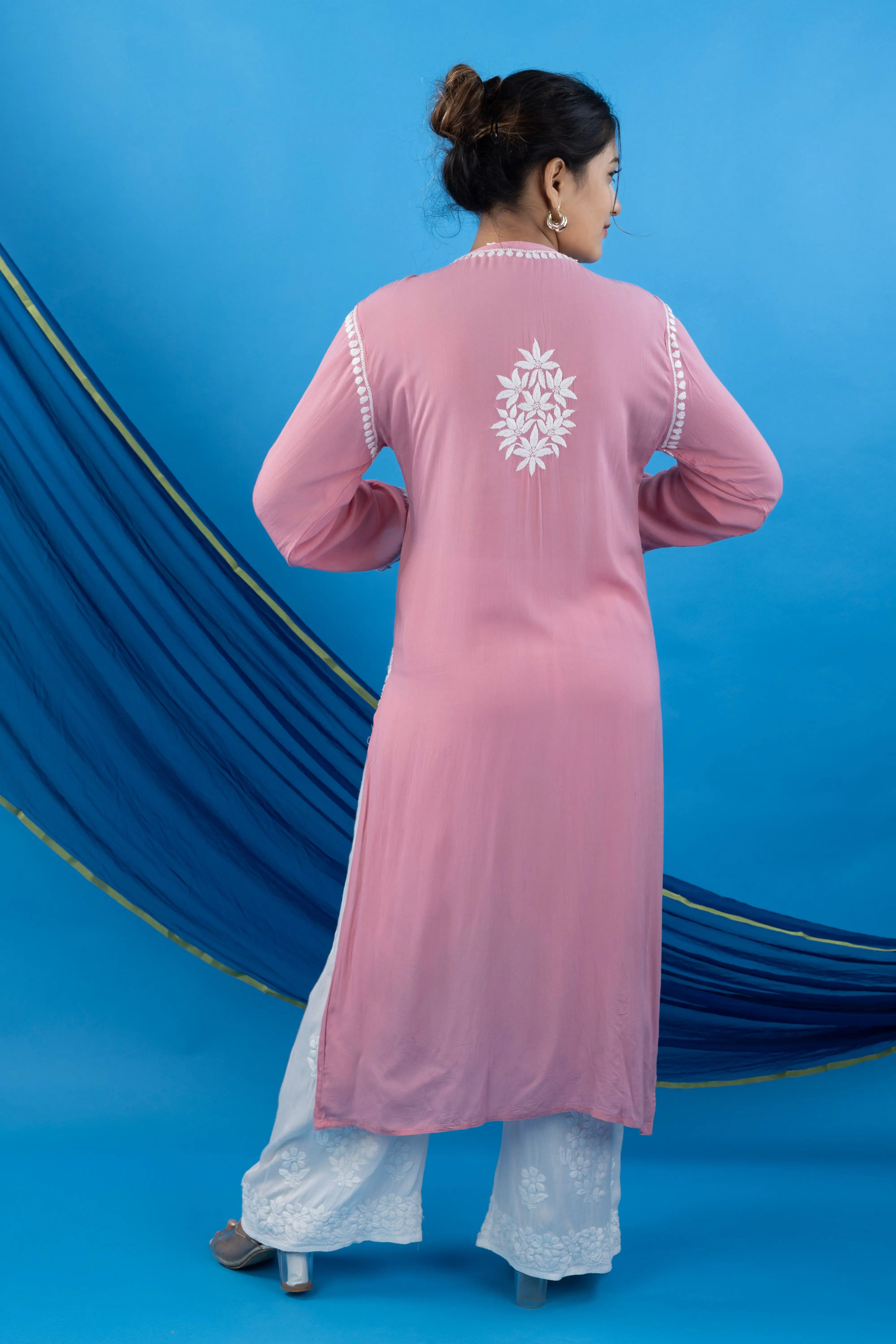 Blush Pink Modal Kurta with Delicate Handwork Chikankari