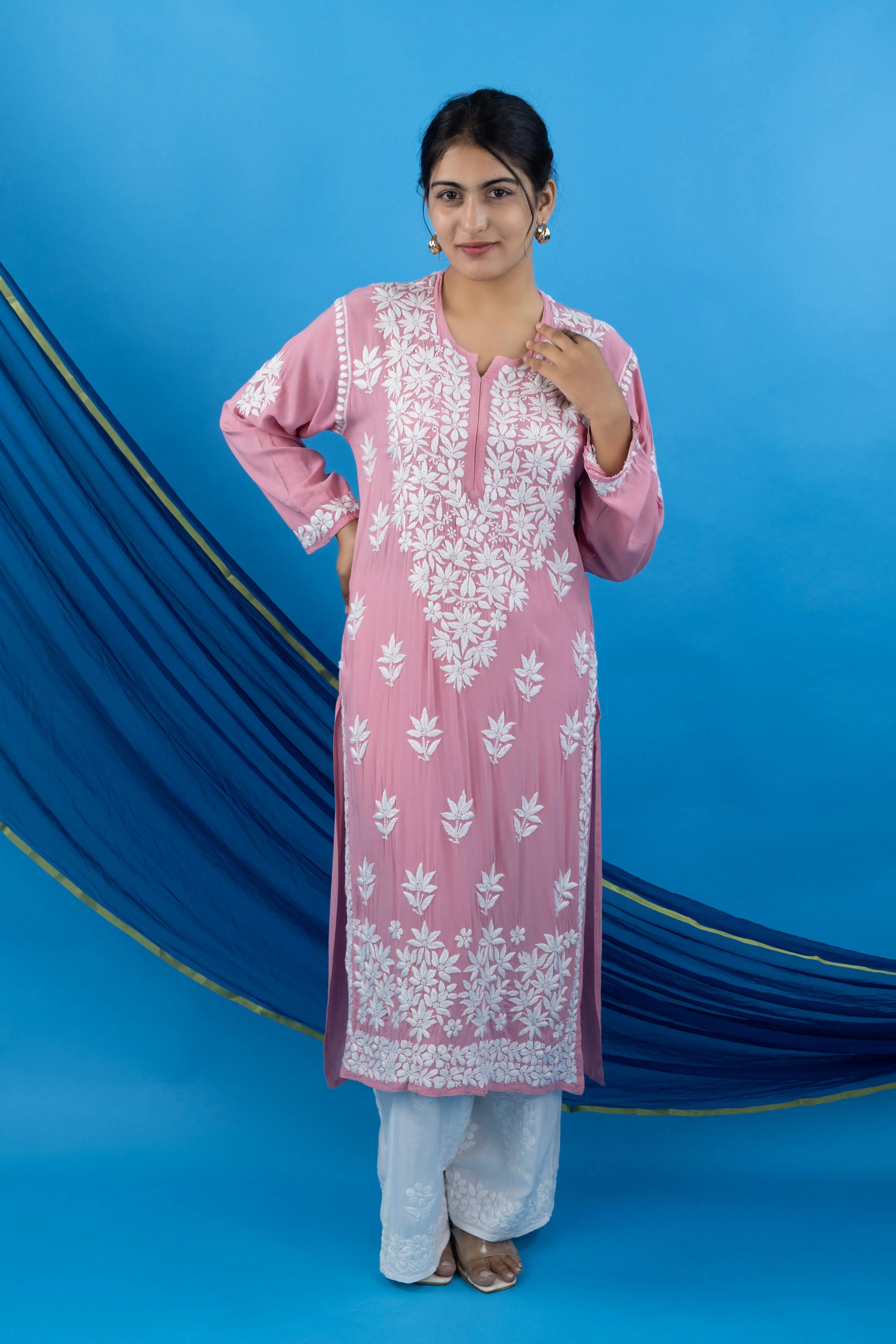 Blush Pink Modal Kurta with Delicate Handwork Chikankari