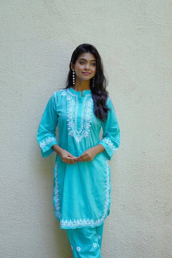 Turquoise Bliss Pure Cotton Chikankari Co-ord Set