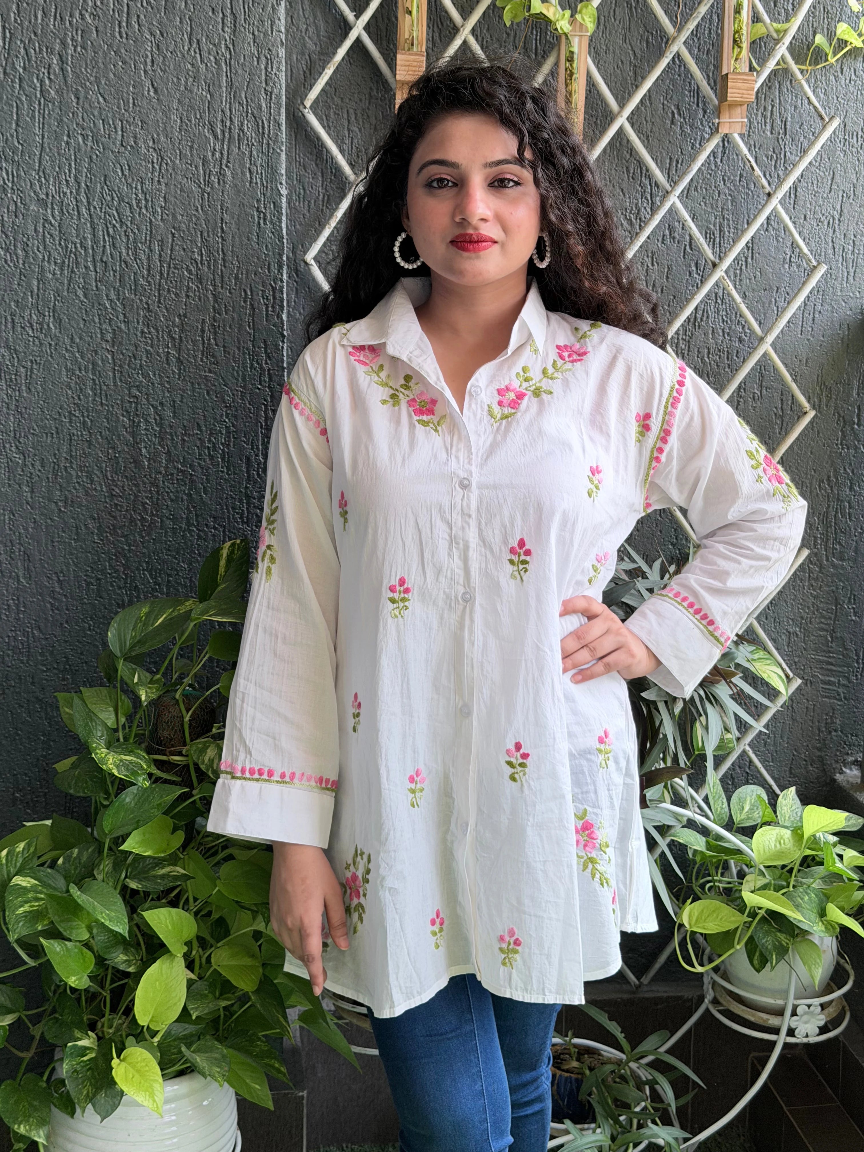 Classic White Cotton Chikankari Shirt Tunic with Pink Florals