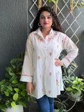 Classic White Cotton Chikankari Shirt Tunic with Pink Florals