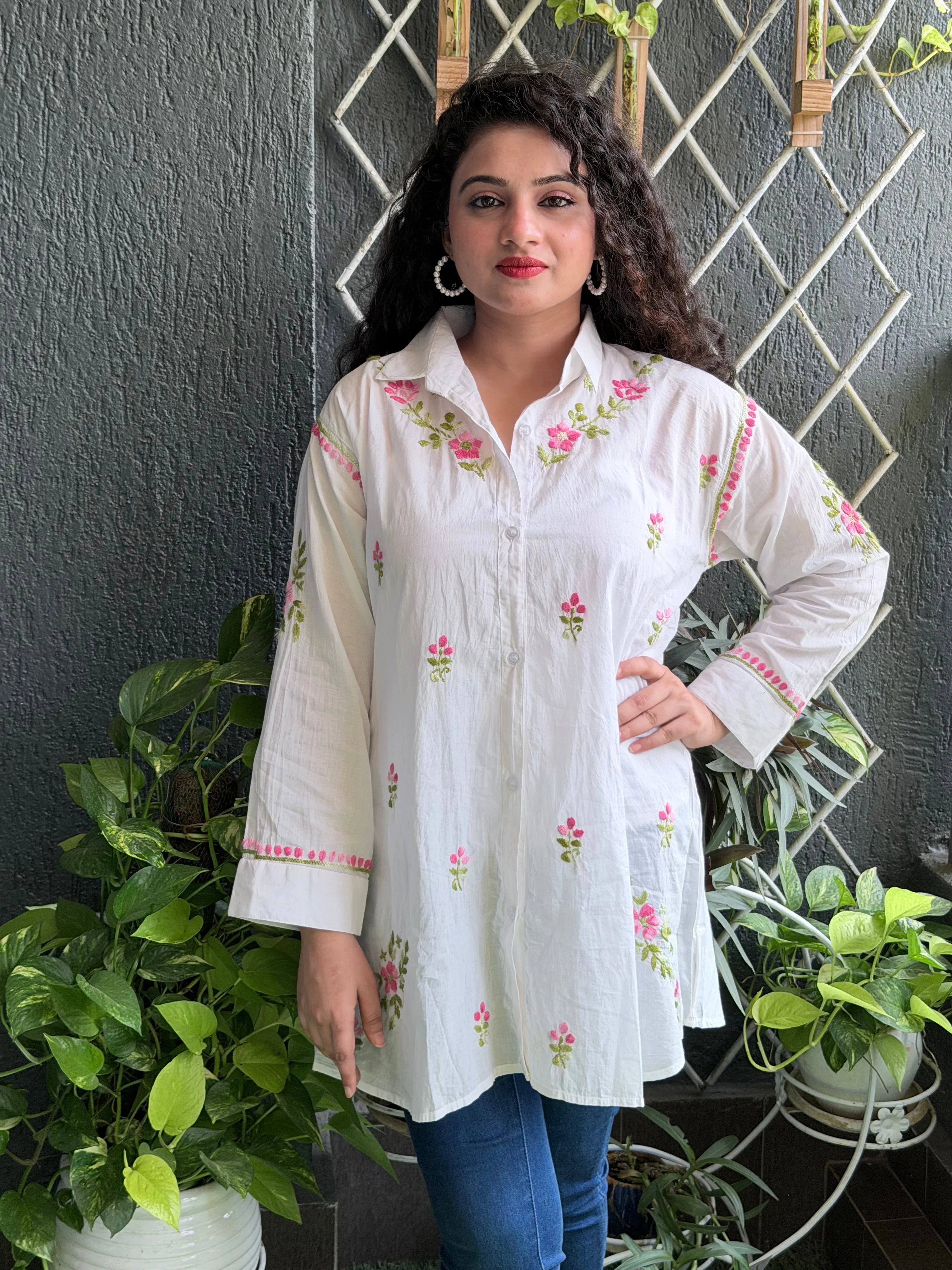 Classic White Cotton Chikankari Shirt Tunic with Pink Florals
