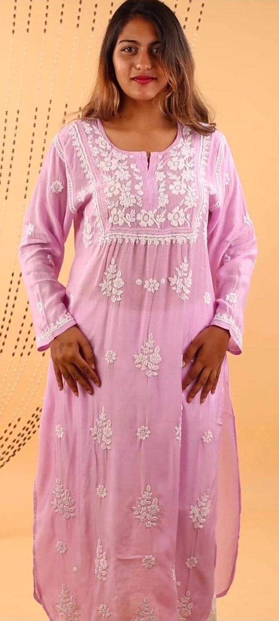 Muslin Chikankari & Qureshia Solid Women's Long Kurta - Lavender Bloom