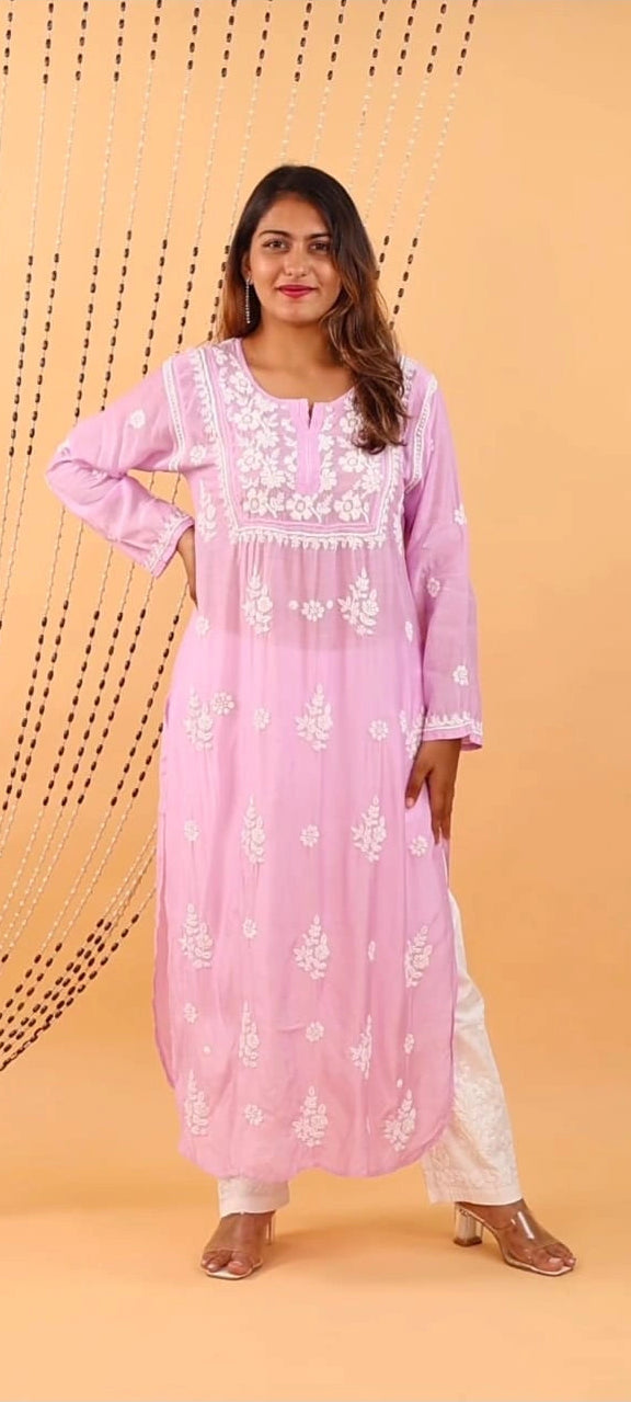 Muslin Chikankari & Qureshia Solid Women's Long Kurta - Lavender Bloom