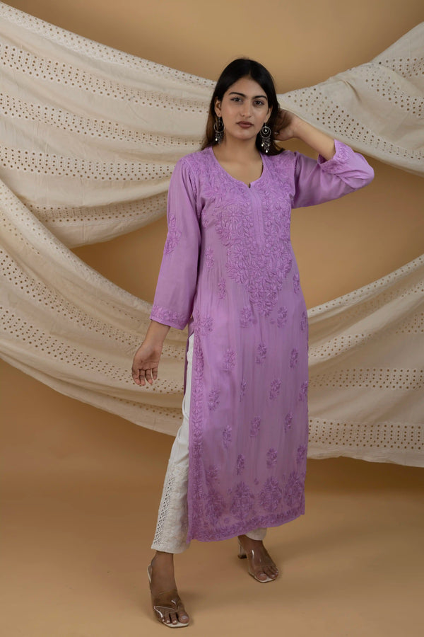 Modal Self Chikankari Solid Women's Long Kurta - Lavender