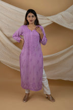 Modal Self Chikankari Solid Women's Long Kurta - Lavender