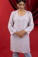 Muslin Chikankari Solid Women's Short Kurta with Jaal Work - Lavender