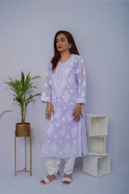 Voile Chikankari & Mukesh Solid Women's Long Kurta - Lavender