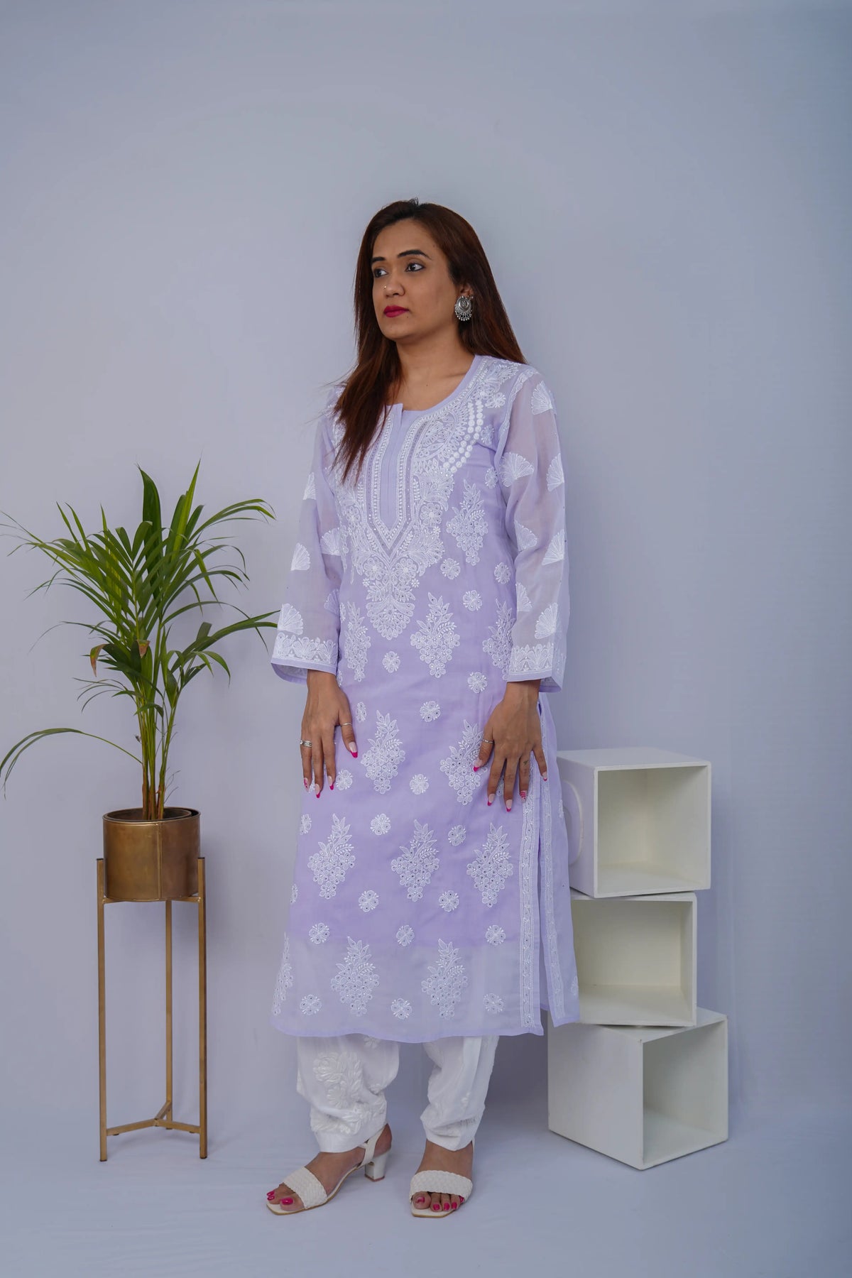 Voile Chikankari & Mukesh Solid Women's Long Kurta - Lavender