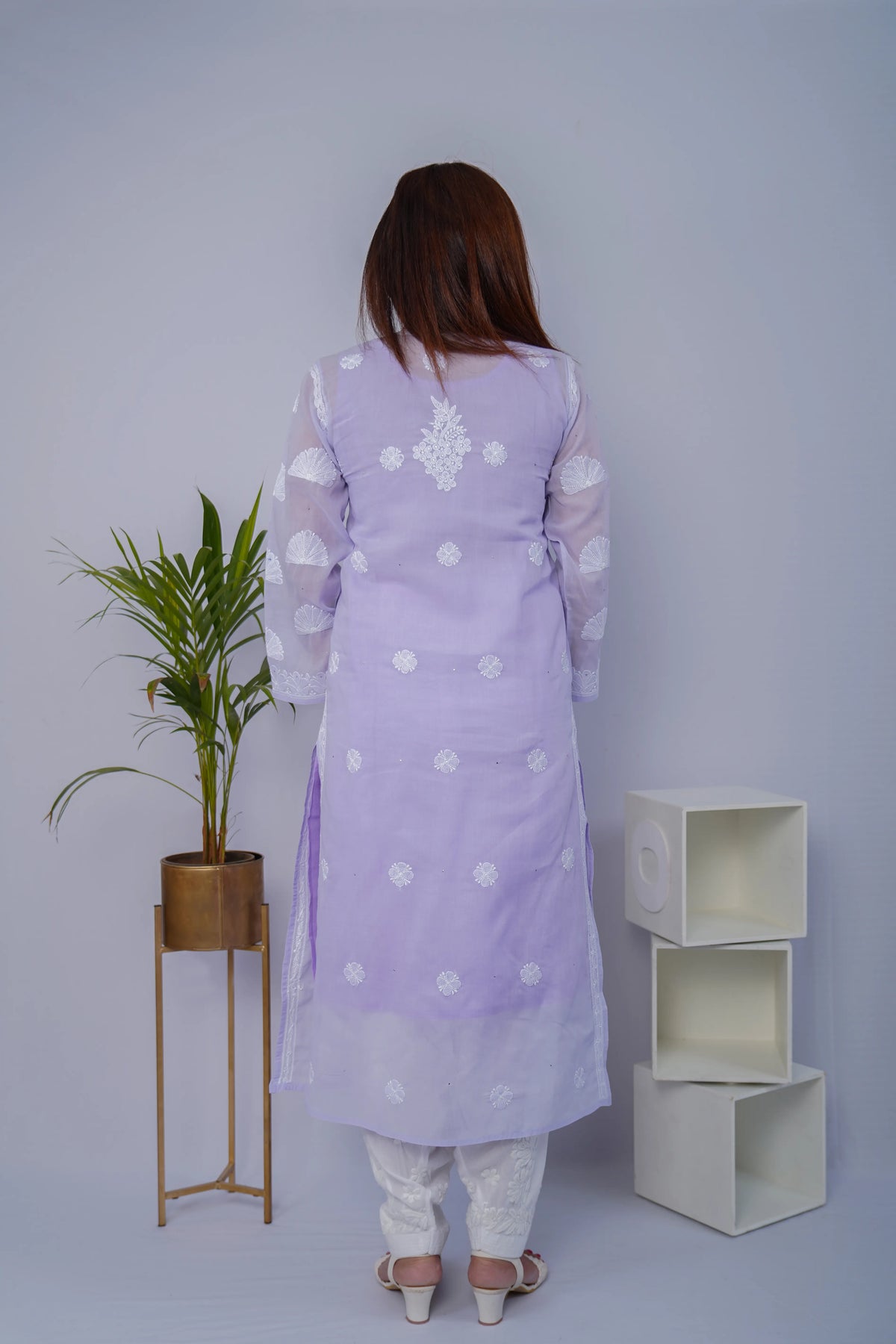 Voile Chikankari & Mukesh Solid Women's Long Kurta - Lavender