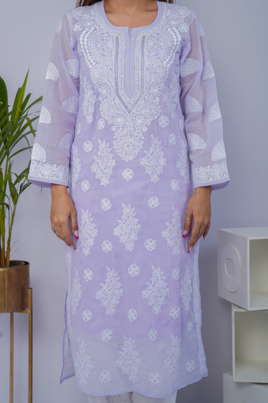 Voile Chikankari & Mukesh Solid Women's Long Kurta - Lavender