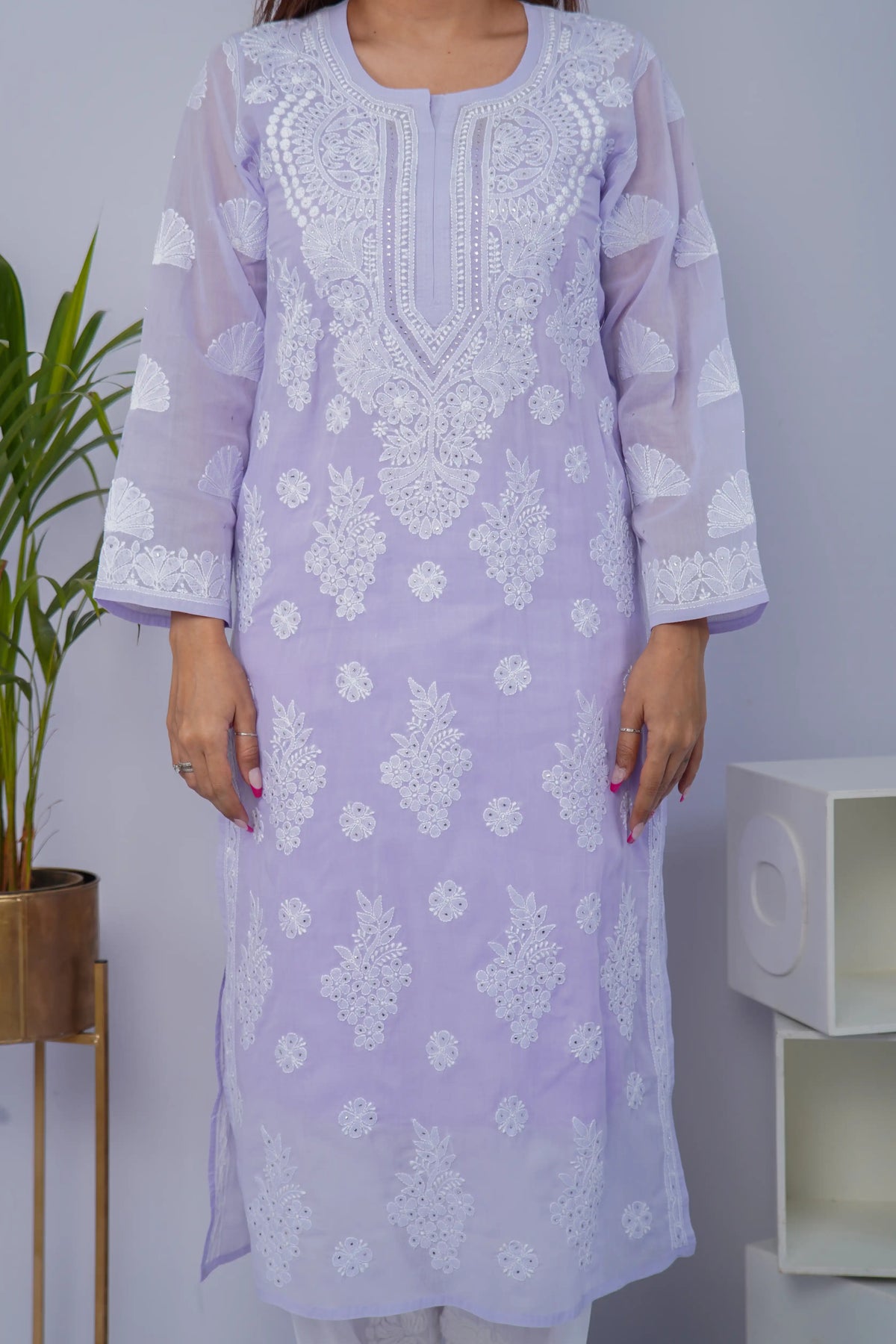 Voile Chikankari & Mukesh Solid Women's Long Kurta - Lavender