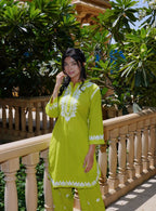 Cotton Chikankari Solid Women's 2 PC Cord Set - Lime Green