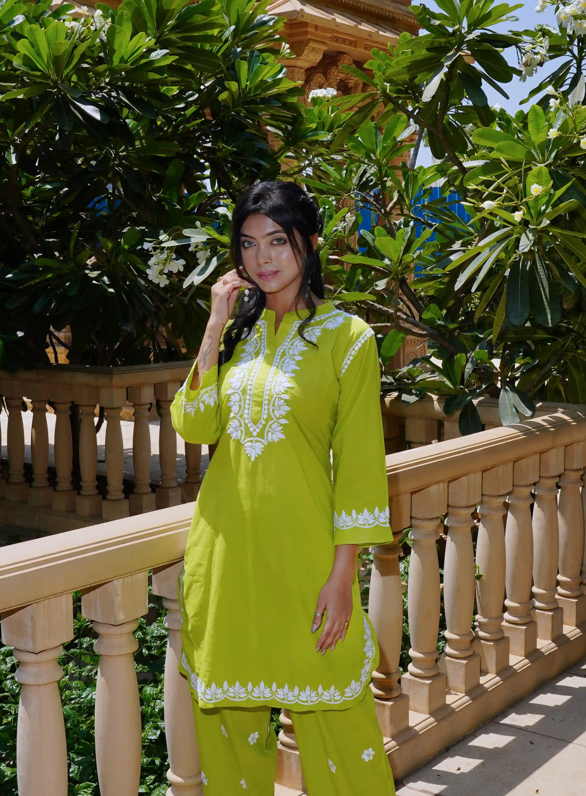 Cotton Chikankari Solid Women's 2 PC Cord Set - Lime Green