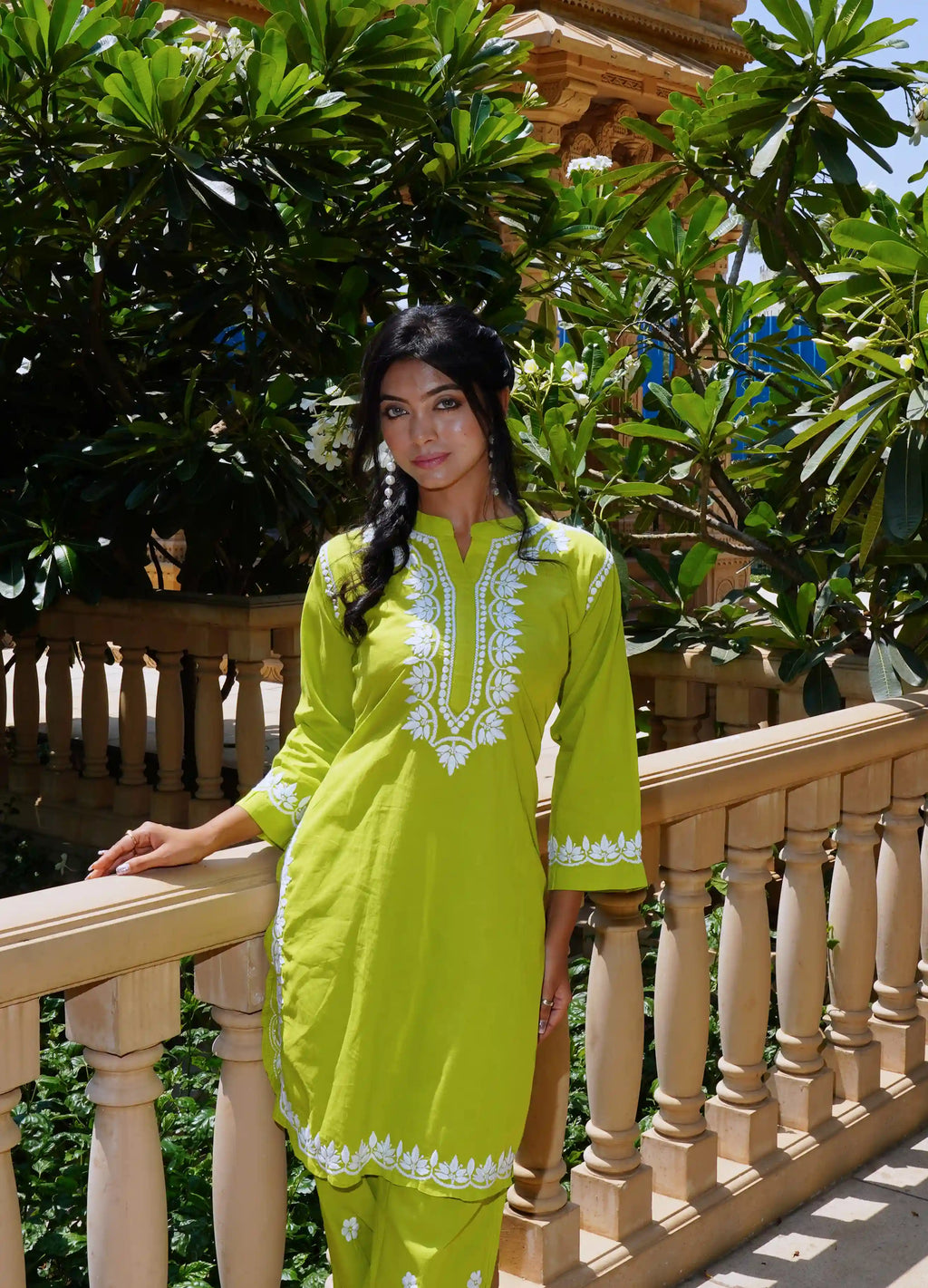 Cotton Chikankari Solid Women's 2 PC Cord Set - Lime Green