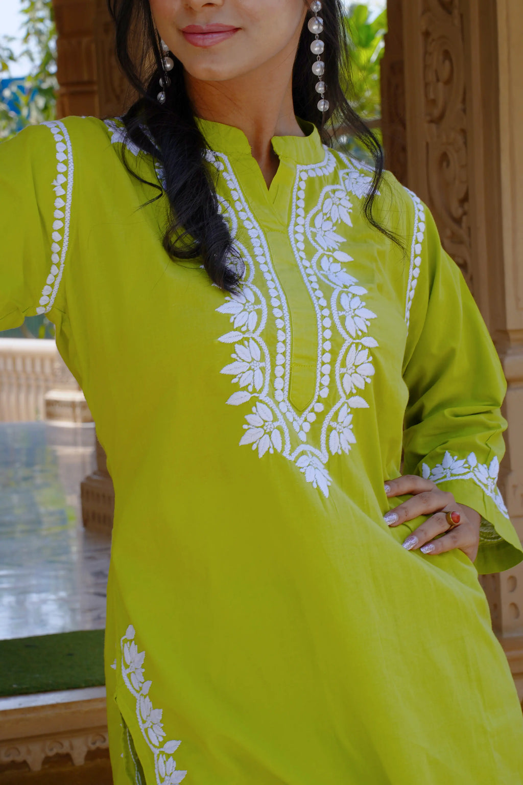 Cotton Chikankari Solid Women's 2 PC Cord Set - Lime Green