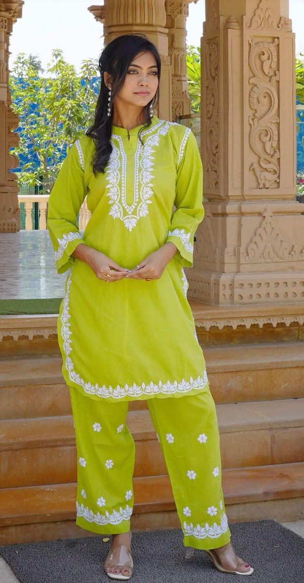 Cotton Chikankari Solid Women's 2 PC Cord Set - Lime Green
