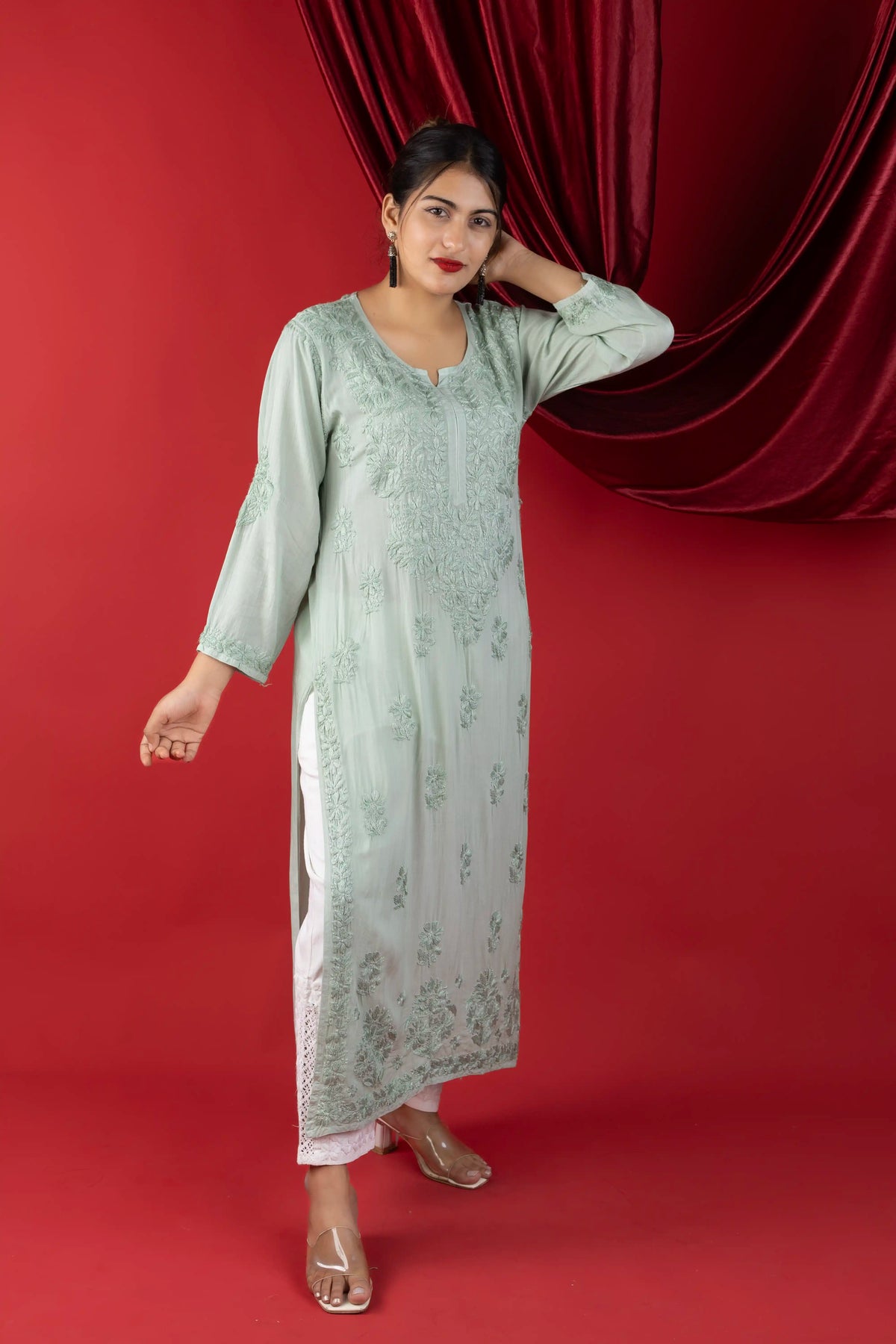 Modal Self Chikankari Solid Women's Long Kurta - Mint Green