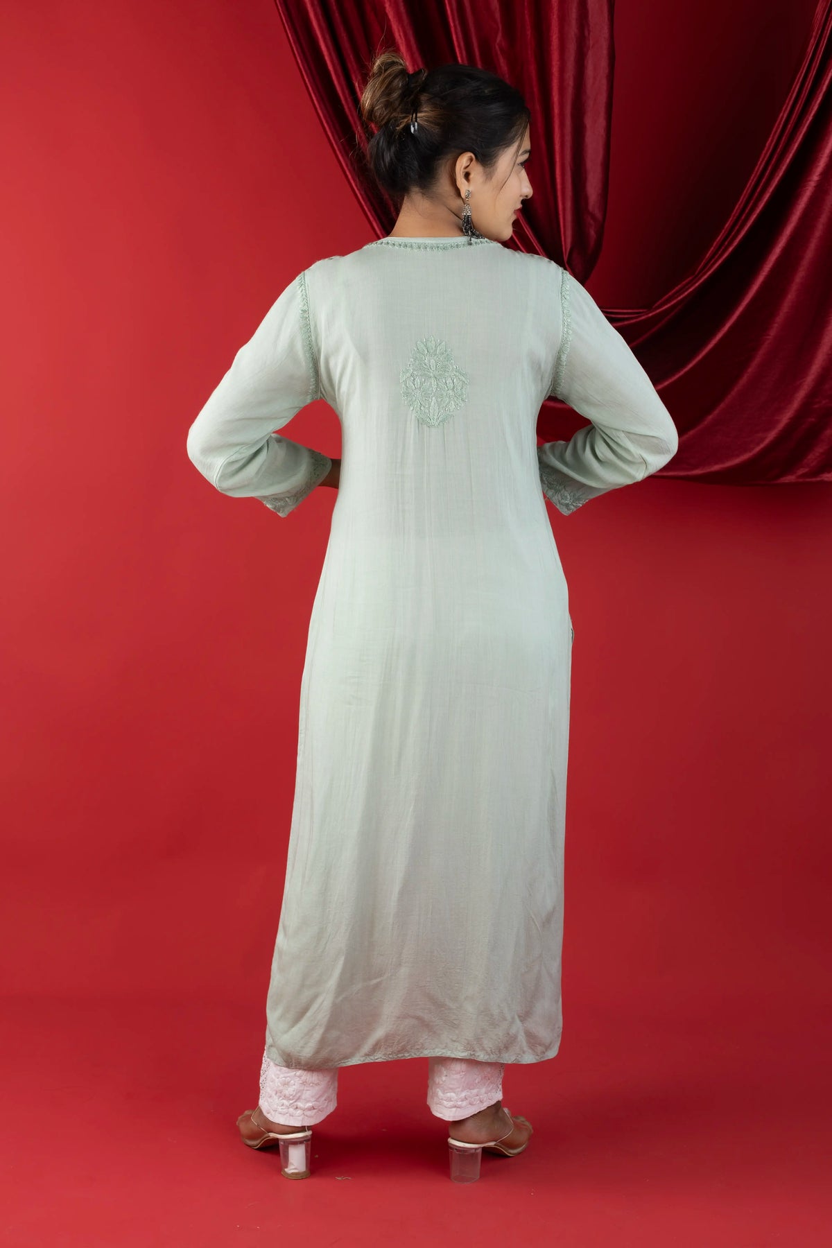 Modal Self Chikankari Solid Women's Long Kurta - Mint Green