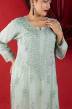 Modal Self Chikankari Solid Women's Long Kurta - Mint Green