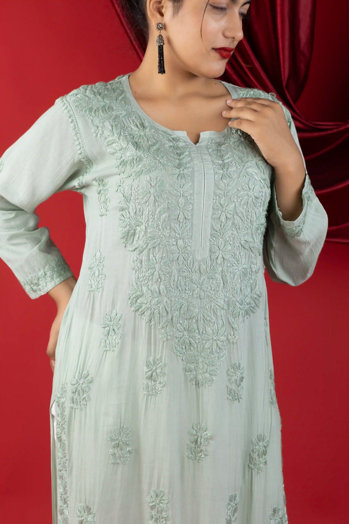 Modal Self Chikankari Solid Women's Long Kurta - Mint Green