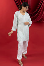 Muslin Chikankari Solid Women's Short Kurta with Jaal Work - Mint Green