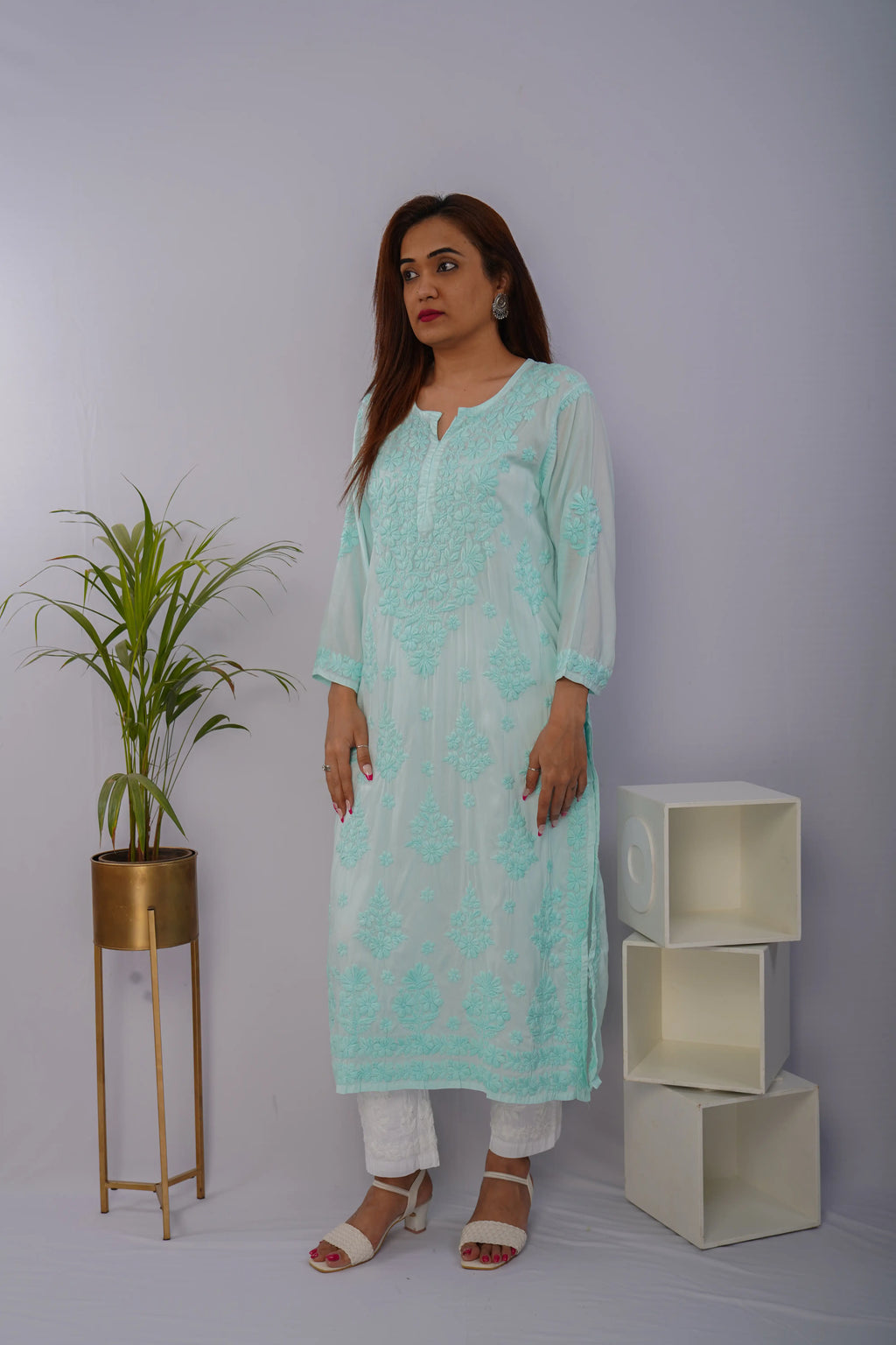 Mulmul Chikankari Solid Women's Long Kurta - Mint Mist
