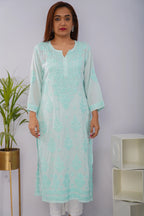 Mulmul Chikankari Solid Women's Long Kurta - Mint Mist