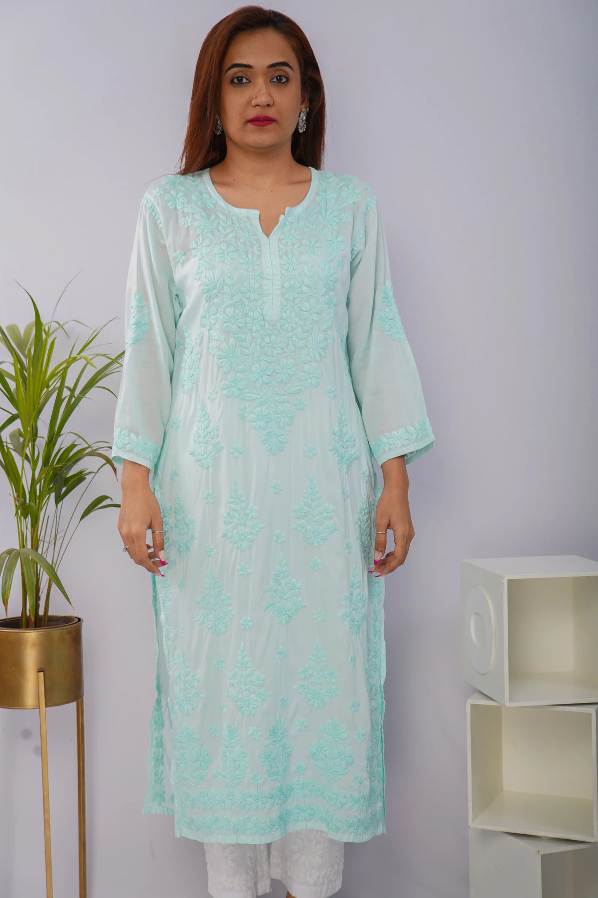 Mulmul Chikankari Solid Women's Long Kurta - Mint Mist