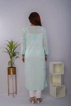 Mulmul Chikankari Solid Women's Long Kurta - Mint Mist