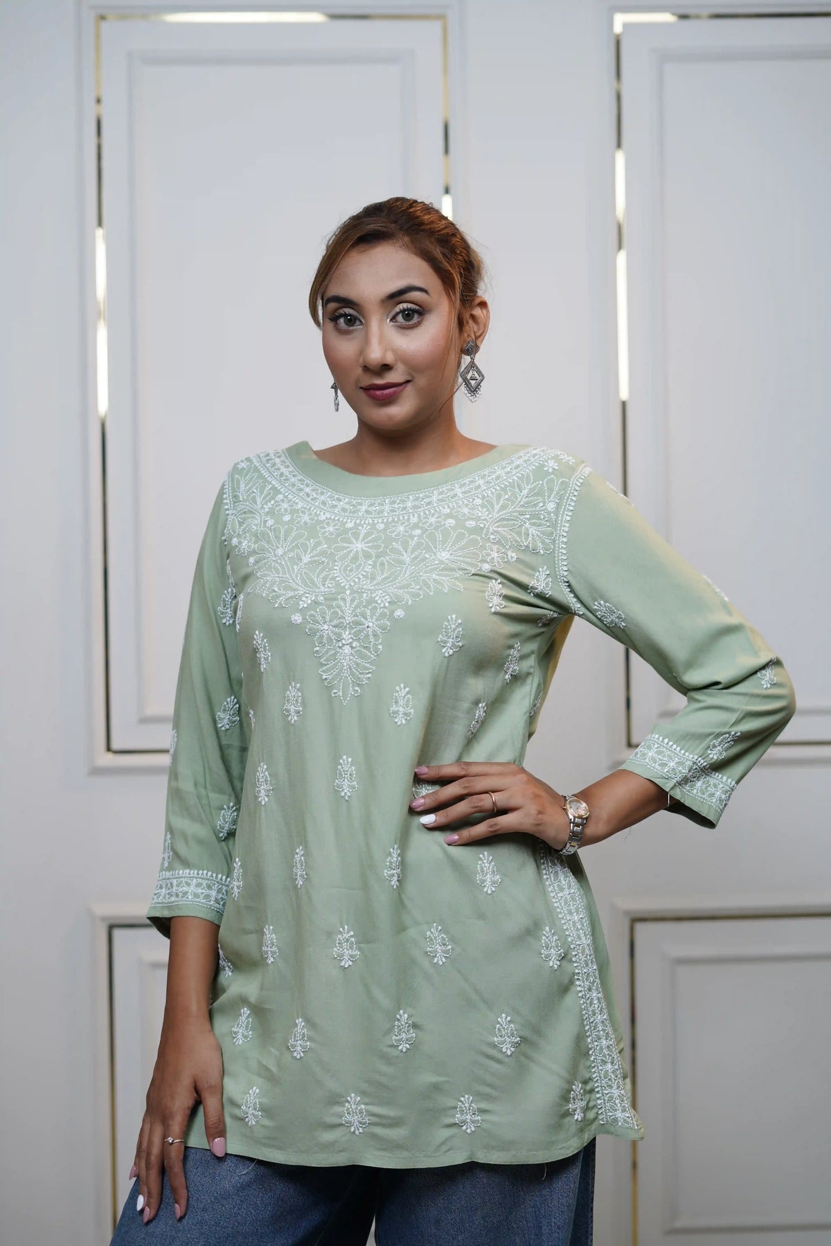 Modal Chikankari Solid Women's Short Kurta - Green