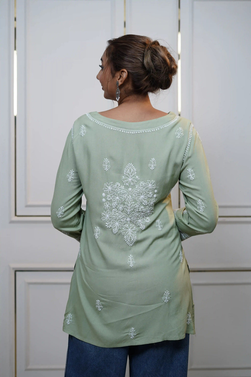 Modal Chikankari Solid Women's Short Kurta - Green