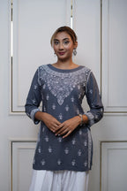 Modal Chikankari Solid Women's Short Kurta - Dark Grey