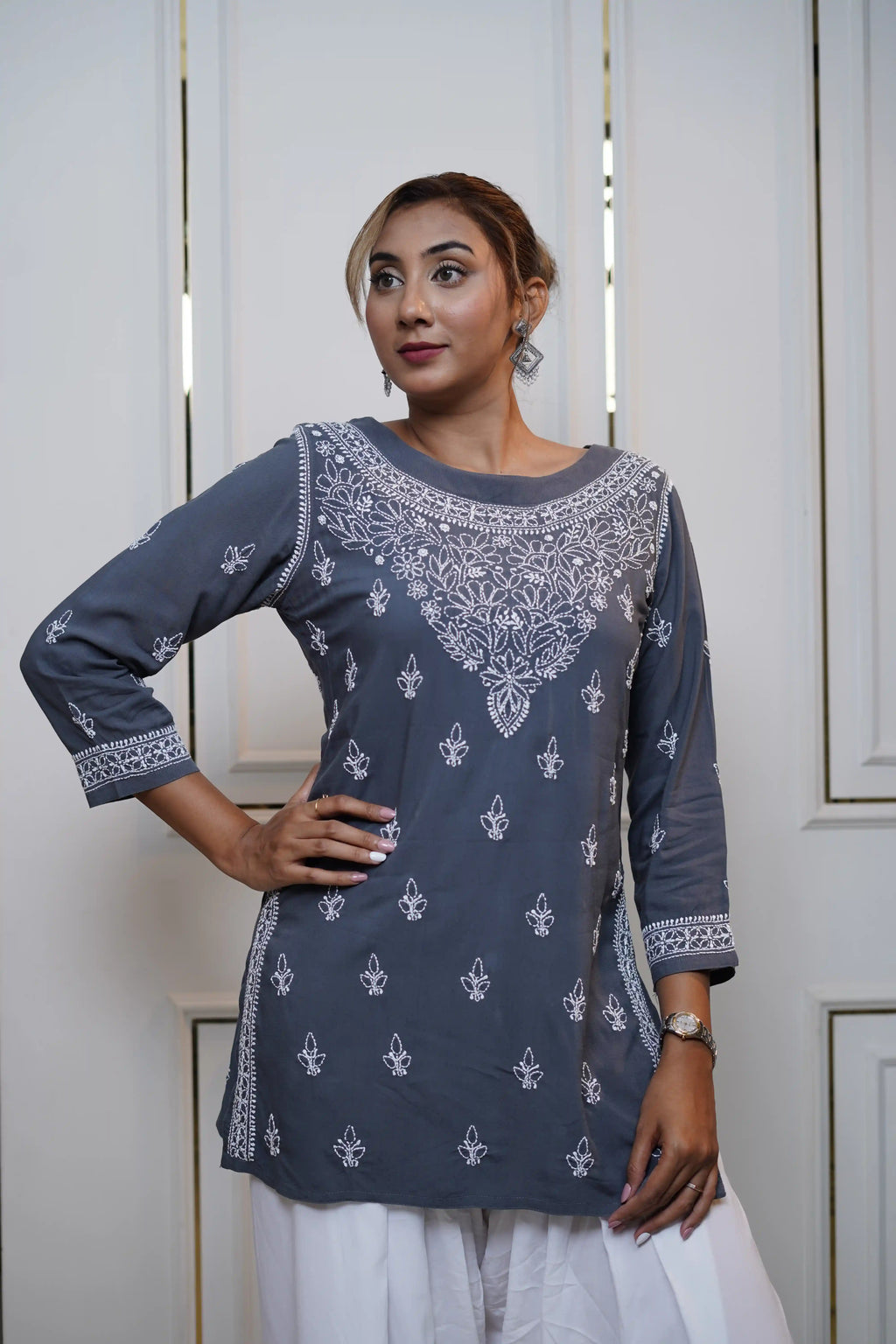 Modal Chikankari Solid Women's Short Kurta - Dark Grey