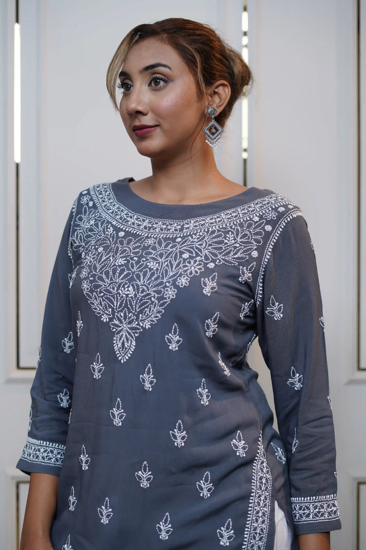 Modal Chikankari Solid Women's Short Kurta - Dark Grey