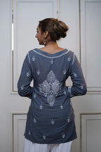 Modal Chikankari Solid Women's Short Kurta - Dark Grey