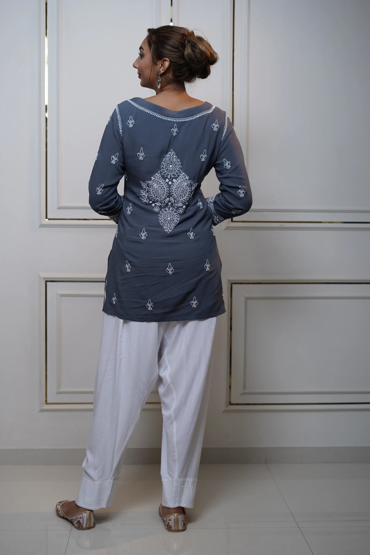 Modal Chikankari Solid Women's Short Kurta - Dark Grey