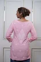 Modal Chikankari Solid Women's Short Kurta - Pink