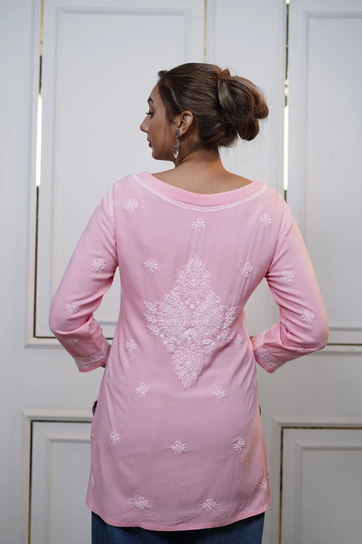 Modal Chikankari Solid Women's Short Kurta - Pink