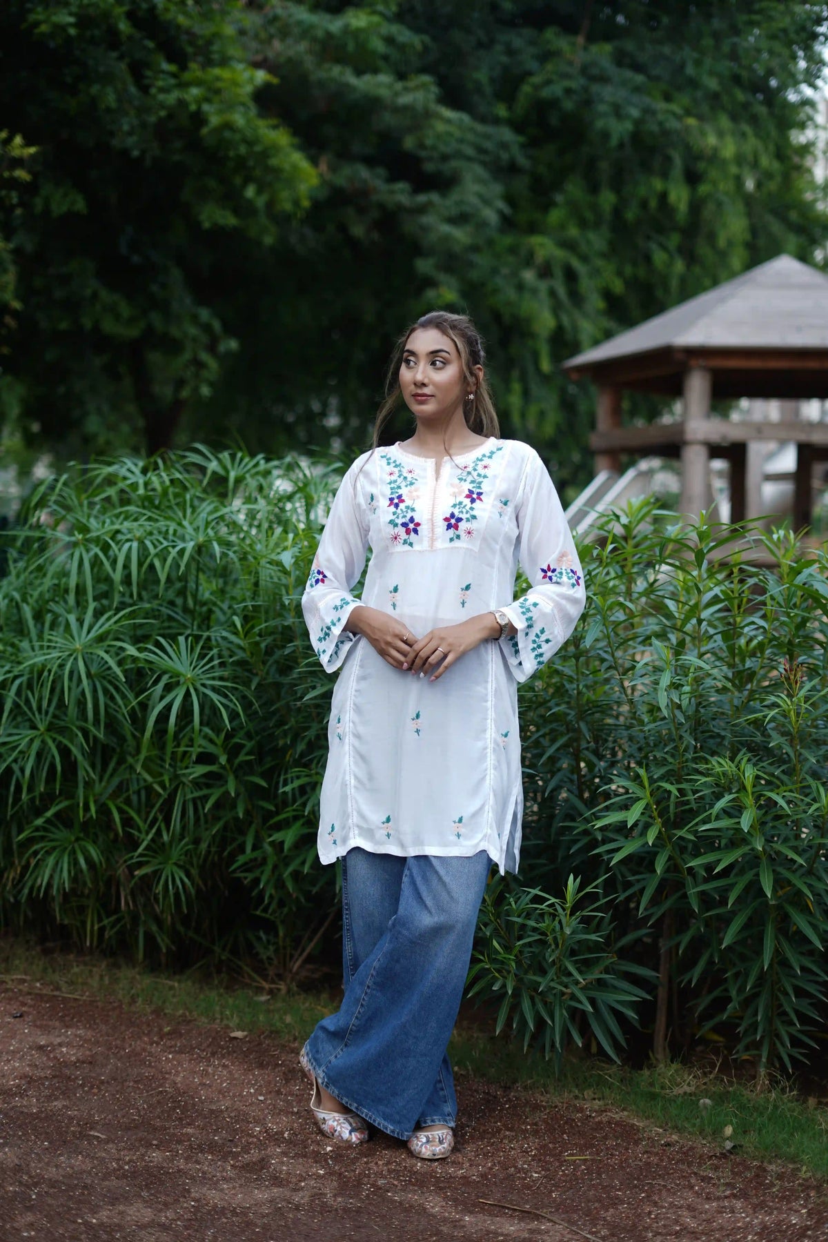Muslin Tunic Style Solid Women's Long Kurta with Peach Thread