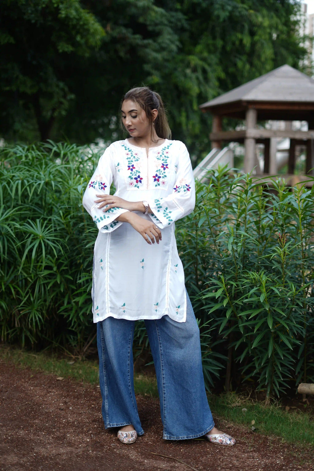 Muslin Tunic Style Solid Women's Long Kurta with Peach Thread
