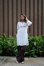 Muslin Tunic Style Solid Women's Long Kurta with Purple Thread