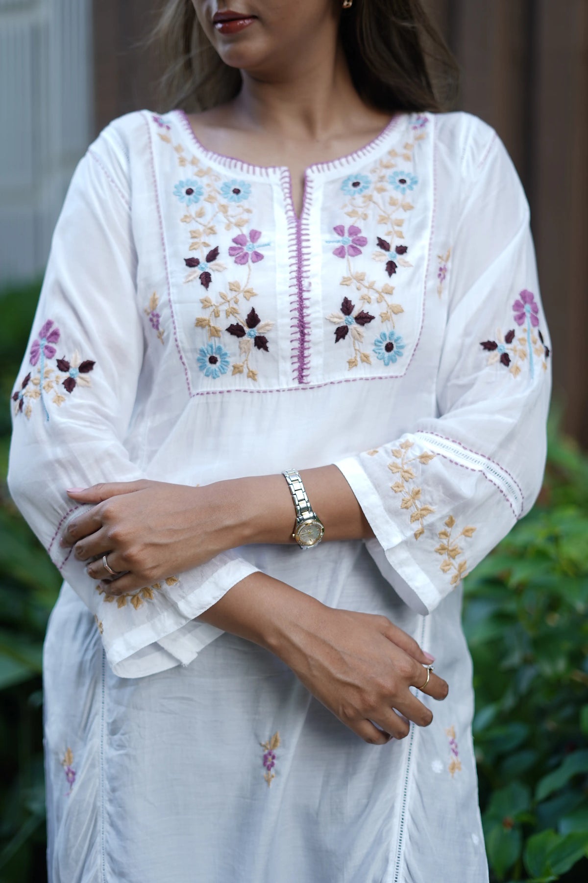 Muslin Tunic Style Solid Women's Long Kurta with Purple Thread