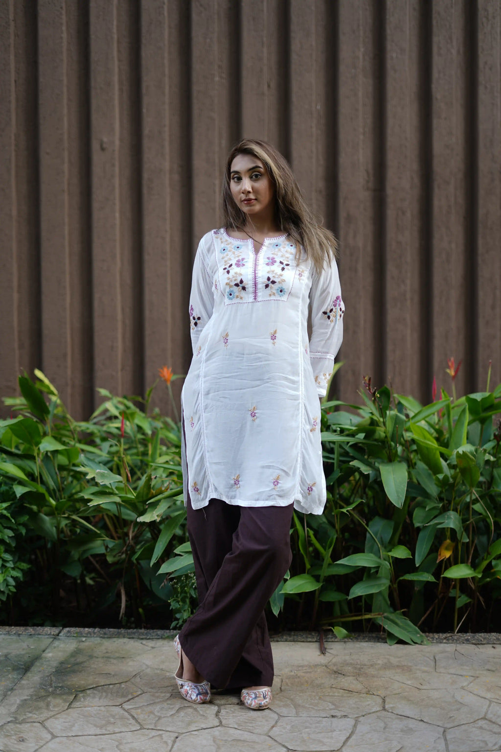 Muslin Tunic Style Solid Women's Long Kurta with Purple Thread