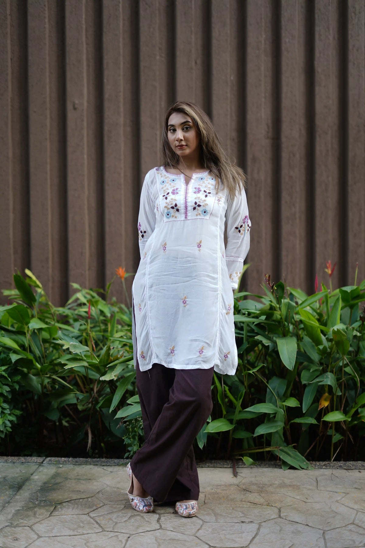 Muslin Tunic Style Solid Women's Long Kurta with Purple Thread