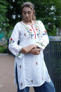 Muslin Tunic Style Solid Women's Long Kurta with Red Multi-Color Thread