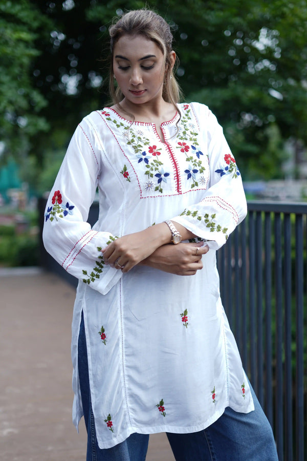 Muslin Tunic Style Solid Women's Long Kurta with Red Multi-Color Thread