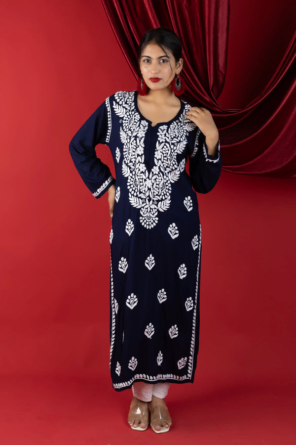 Rayon Hand Chikankari Solid Women's Long Kurta - Navy Blue