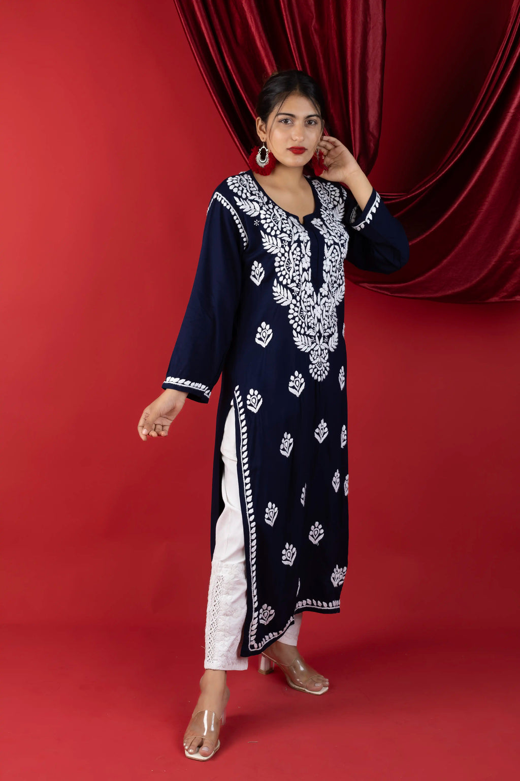 Rayon Hand Chikankari Solid Women's Long Kurta - Navy Blue